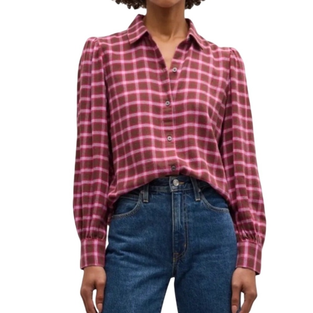 Rails Angelica Chocolate‎ Berry Plaid Button Down PUFF Sleeve Top Womens Small